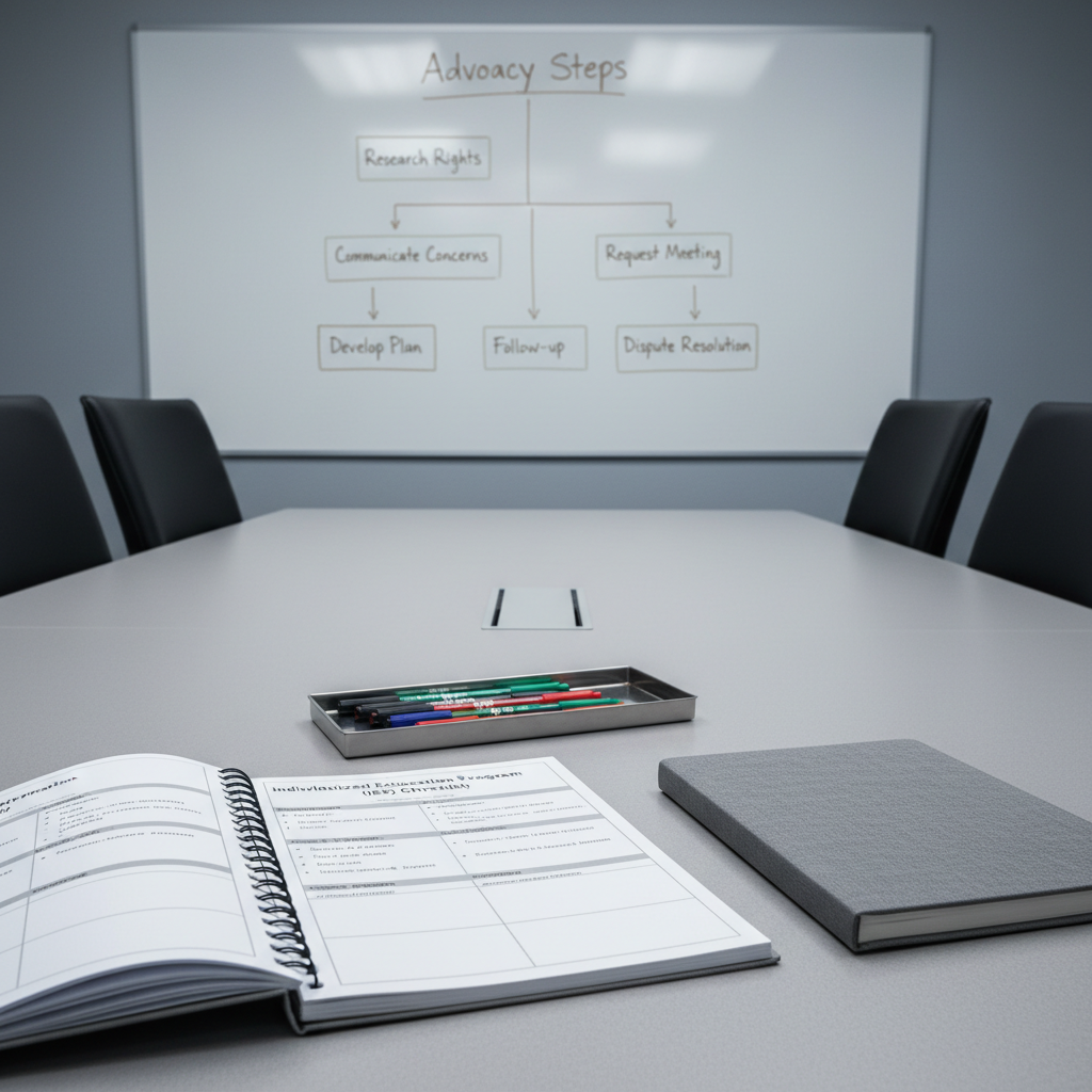 A tidy conference table made of smooth, light gray laminate holds an open spiral-bound “Individualized Education Program (IEP) Checklist” with clearly printed sections, a matching gray notebook, and a set of fine-point pens arranged on a minimalist metal tray. A large whiteboard in the background displays a structured flowchart titled “Advocacy Steps” with clean lines and neutral-toned markers. Overhead, cool, even office lighting casts soft shadows and emphasizes the orderly layout. The photographic image is shot from a slightly elevated angle using the rule of thirds, with sharp focus across the scene. The mood is organized, corporate, and reassuring, reflecting a systematic approach to supporting students with autism in educational settings.