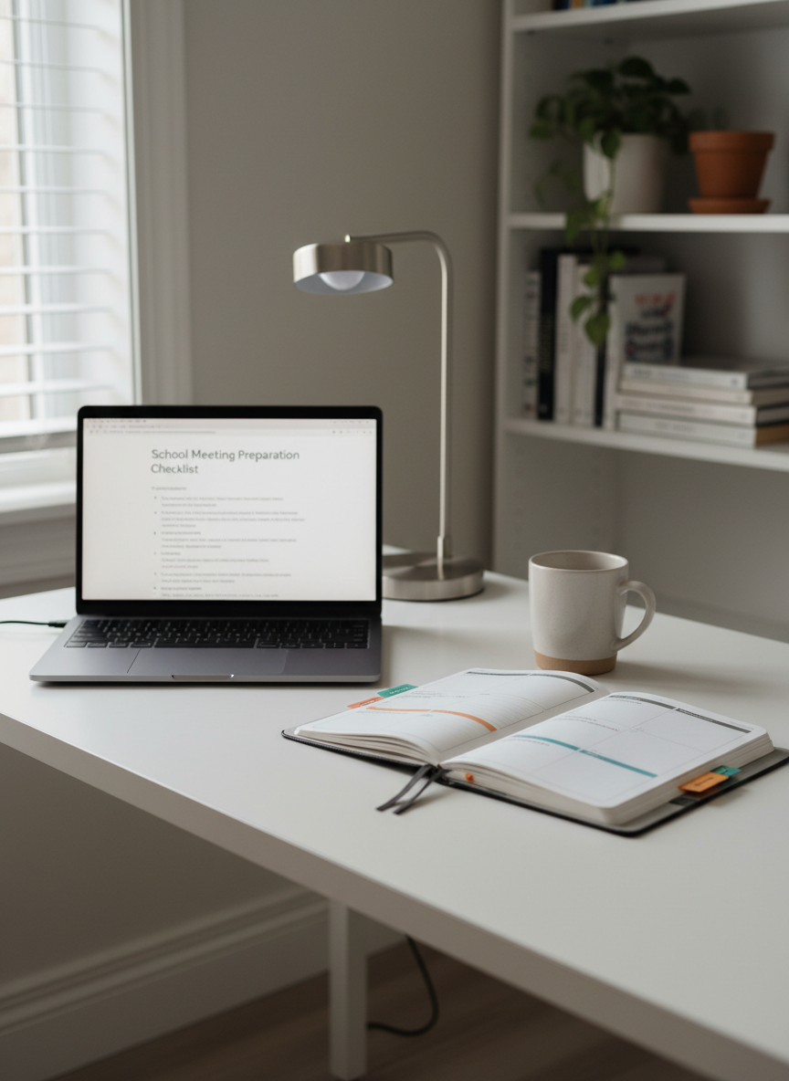 A clean, minimalist home workspace designed for parent advocacy features a slim, matte-black laptop displaying a professional “School Meeting Preparation Checklist” alongside a neatly opened planner with tabbed sections titled “Goals,” “Accommodations,” and “Follow-Up.” A neutral-toned ceramic mug and a simple, brushed-metal desk lamp with soft warm light sit nearby on a white desk surface with crisp edges. Through a partially seen window, diffused daylight blends with the lamp’s glow, creating balanced, gentle lighting and subtle shadows. Shot from a three-quarter angle with shallow depth of field, the photograph emphasizes the tools on the desk while softly blurring a tidy bookcase in the background. The overall feel is focused, composed, and empowering for parents preparing to advocate for their child’s education.