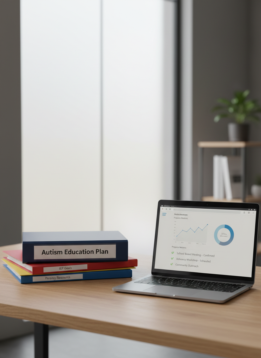 A neatly arranged stack of educational advocacy materials sits on a light oak desk: a navy-blue binder labeled “Autism Education Plan,” color-coded folders, and a slim silver laptop displaying a clean, corporate-style dashboard with graphs and checklists. The desk is positioned in front of a large frosted-glass window that lets in soft, diffused daylight, creating gentle, neutral-toned reflections on the laptop’s metallic surface. A muted gray wall and a minimal bookshelf in the softly blurred background add structure without distraction. Photographic realism, eye-level composition, and a shallow depth of field keep the focus on the organized tools, conveying a calm, professional, and empowering atmosphere suited to a non-profit advocacy website.